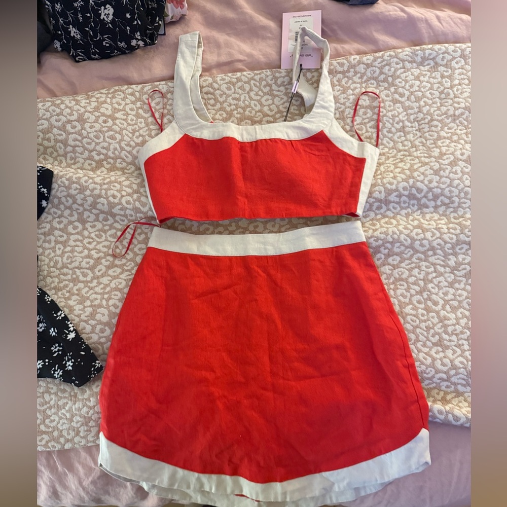 Avec Les Filles Red Tank & Skirt Set with White Trim